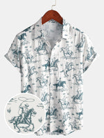 Short-Sleeve Horse Print, Cowboy, Button-Up, Vacation Shirt