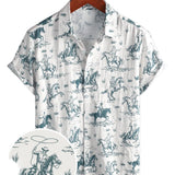 Men's Cotton Shirt with Horse Pattern, With Buttons, Short Sleeves for Vacation