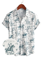 Men's Cotton Shirt with Horse Pattern, With Buttons, Short Sleeves for Vacation