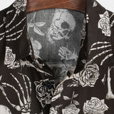 Men's Cotton Short-Sleeve Shirt with Cool Pink Skull Flower Buttons, Punk Rock and Roll