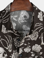 Men's Cotton Short-Sleeve Shirt with Cool Pink Skull Flower Buttons, Punk Rock and Roll