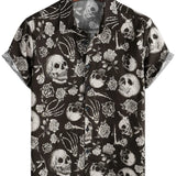 Men's Cotton Short-Sleeve Shirt with Cool Pink Skull Flower Buttons, Punk Rock and Roll