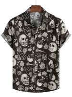 Men's Cotton Short-Sleeve Shirt with Cool Pink Skull Flower Buttons, Punk Rock and Roll