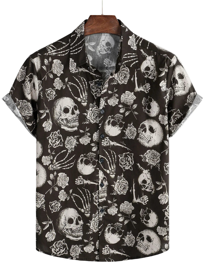 Men's Cotton Short-Sleeve Shirt with Cool Pink Skull Flower Buttons, Punk Rock and Roll