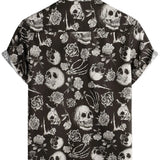 Men's Cotton Short-Sleeve Shirt with Cool Pink Skull Flower Buttons, Punk Rock and Roll