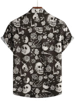 Men's Cotton Short-Sleeve Shirt with Cool Pink Skull Flower Buttons, Punk Rock and Roll