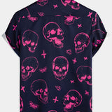 Aloha Hawaiian Short Sleeve Shirt, Pink Skull Print, Artistic Graphic Button