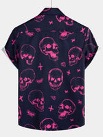Aloha Hawaiian Short Sleeve Shirt, Pink Skull Print, Artistic Graphic Button