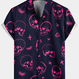 Aloha Hawaiian Short Sleeve Shirt, Pink Skull Print, Artistic Graphic Button