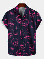 Aloha Hawaiian Short Sleeve Shirt, Pink Skull Print, Artistic Graphic Button
