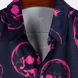 Aloha Hawaiian Short Sleeve Shirt, Pink Skull Print, Artistic Graphic Button