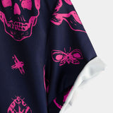 Aloha Hawaiian Short Sleeve Shirt, Pink Skull Print, Artistic Graphic Button