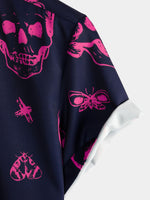 Aloha Hawaiian Short Sleeve Shirt, Pink Skull Print, Artistic Graphic Button