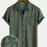 Short-Sleeve Shirt with Green Pocket and Retro Geometric Print