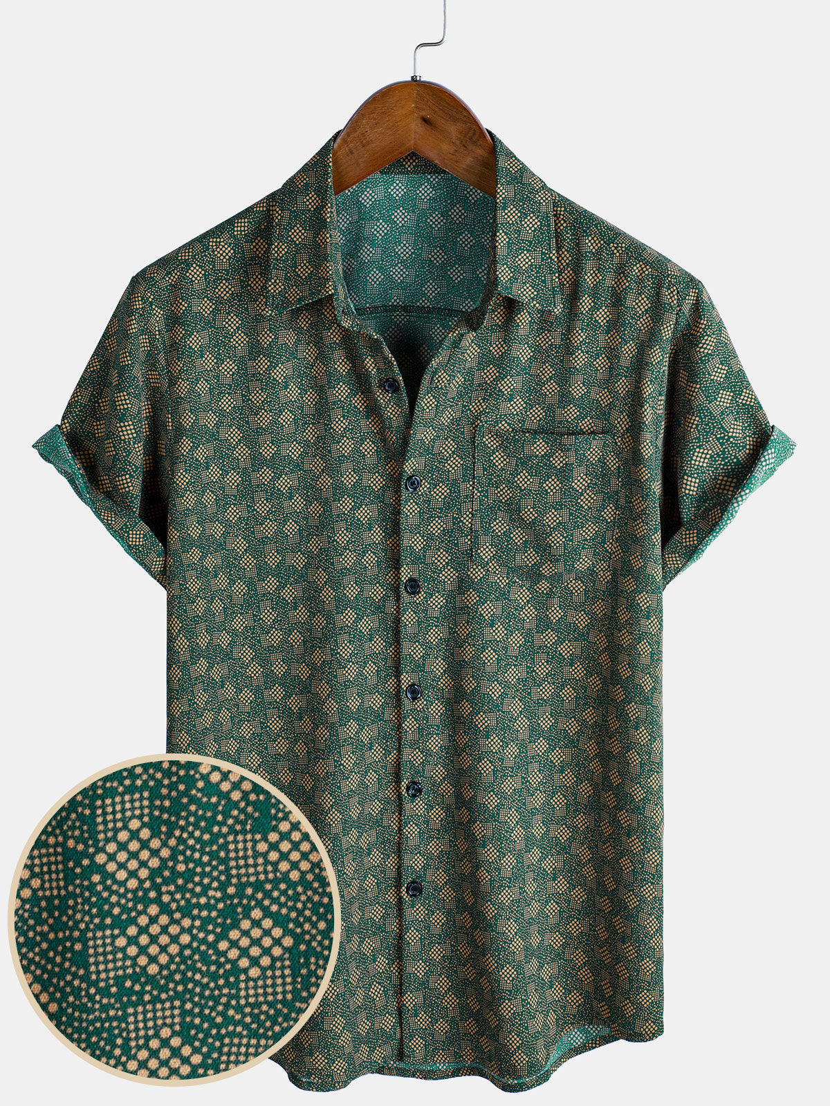 Short-Sleeve Shirt with Green Pocket and Retro Geometric Print