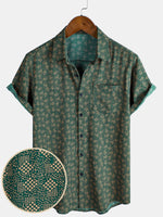 Short-Sleeve Shirt with Green Pocket and Retro Geometric Print