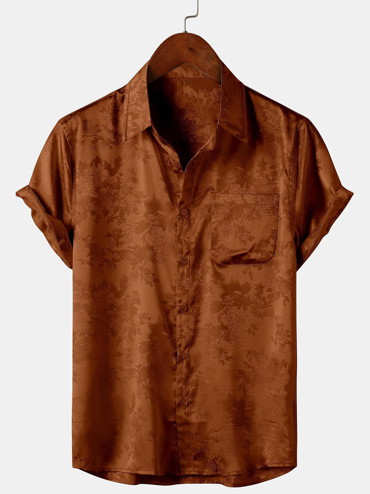 Short-Sleeve Shirt with Brown Floral Jacquard Pattern