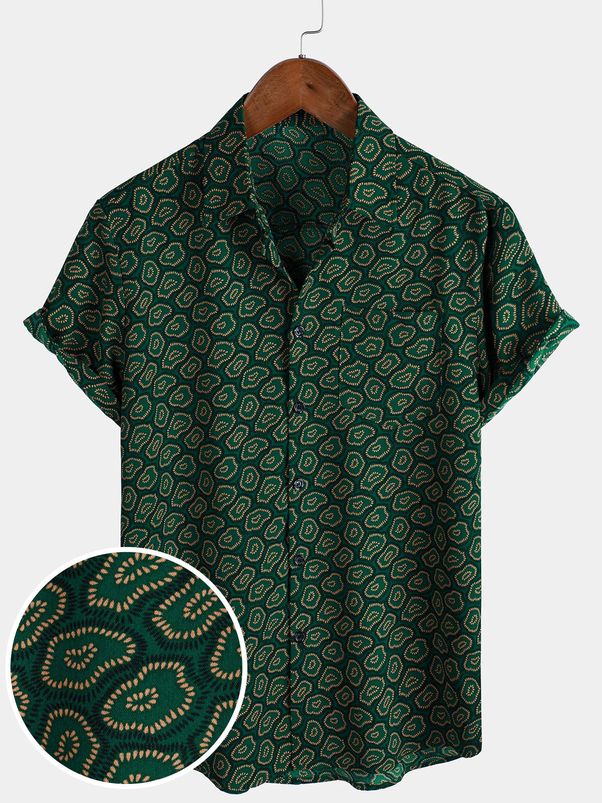 Short-Sleeve Shirt with Green Abstract Pattern Pocket