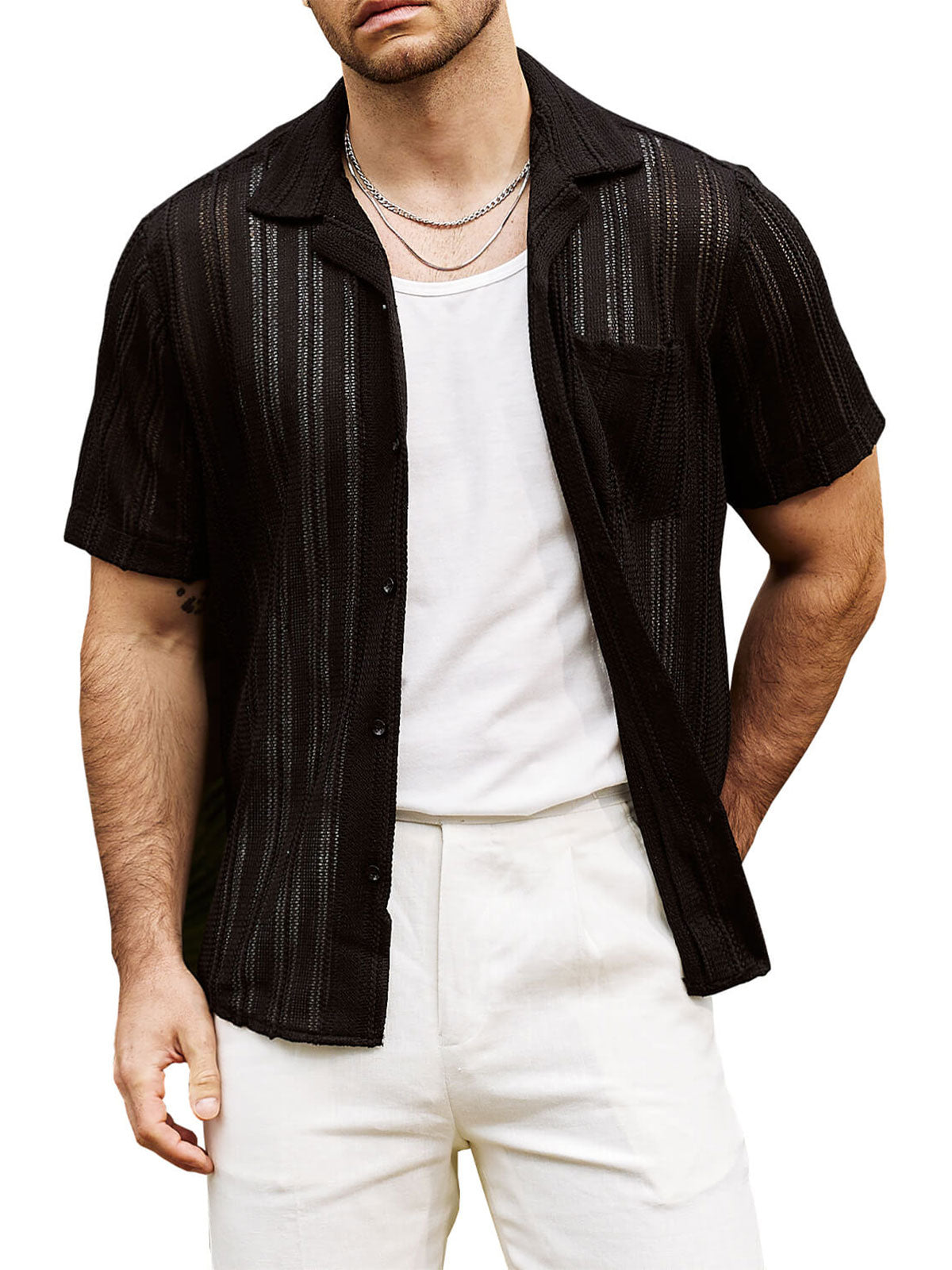 Lace Short-Sleeve Summer Shirt, Casual with Buttons, Perfect for the Beach