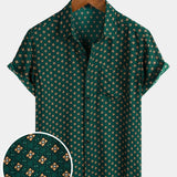 Bohemian Casual Green Diamond Pattern Short Sleeve Shirt