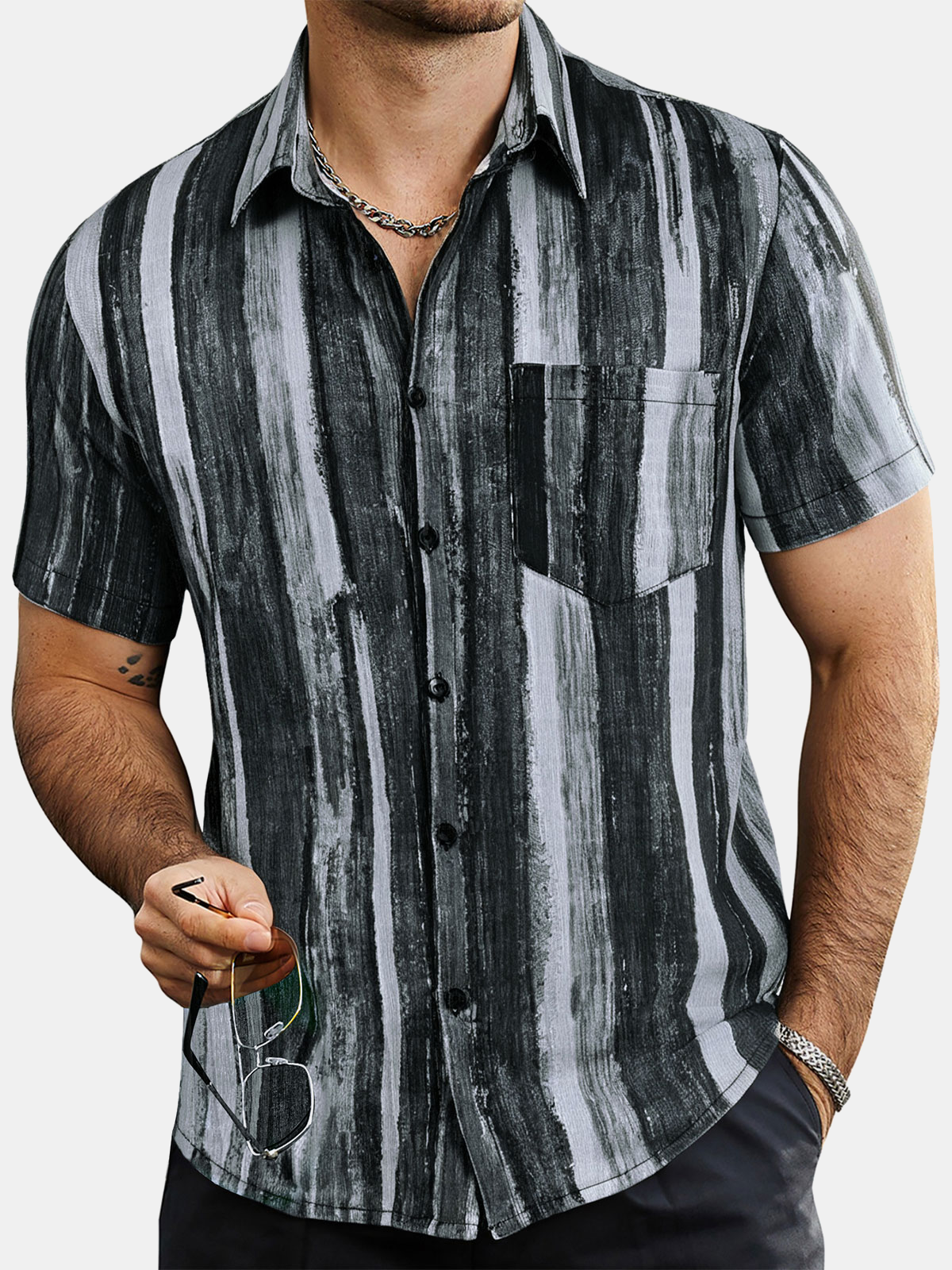 Vintage Hawaiian Black Striped Short Sleeve with Buttons Shirt