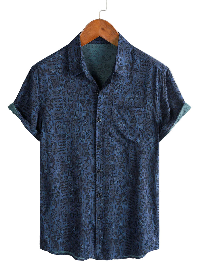 Men's Boho Geometric Tribal Navy Short-Sleeve Shirt