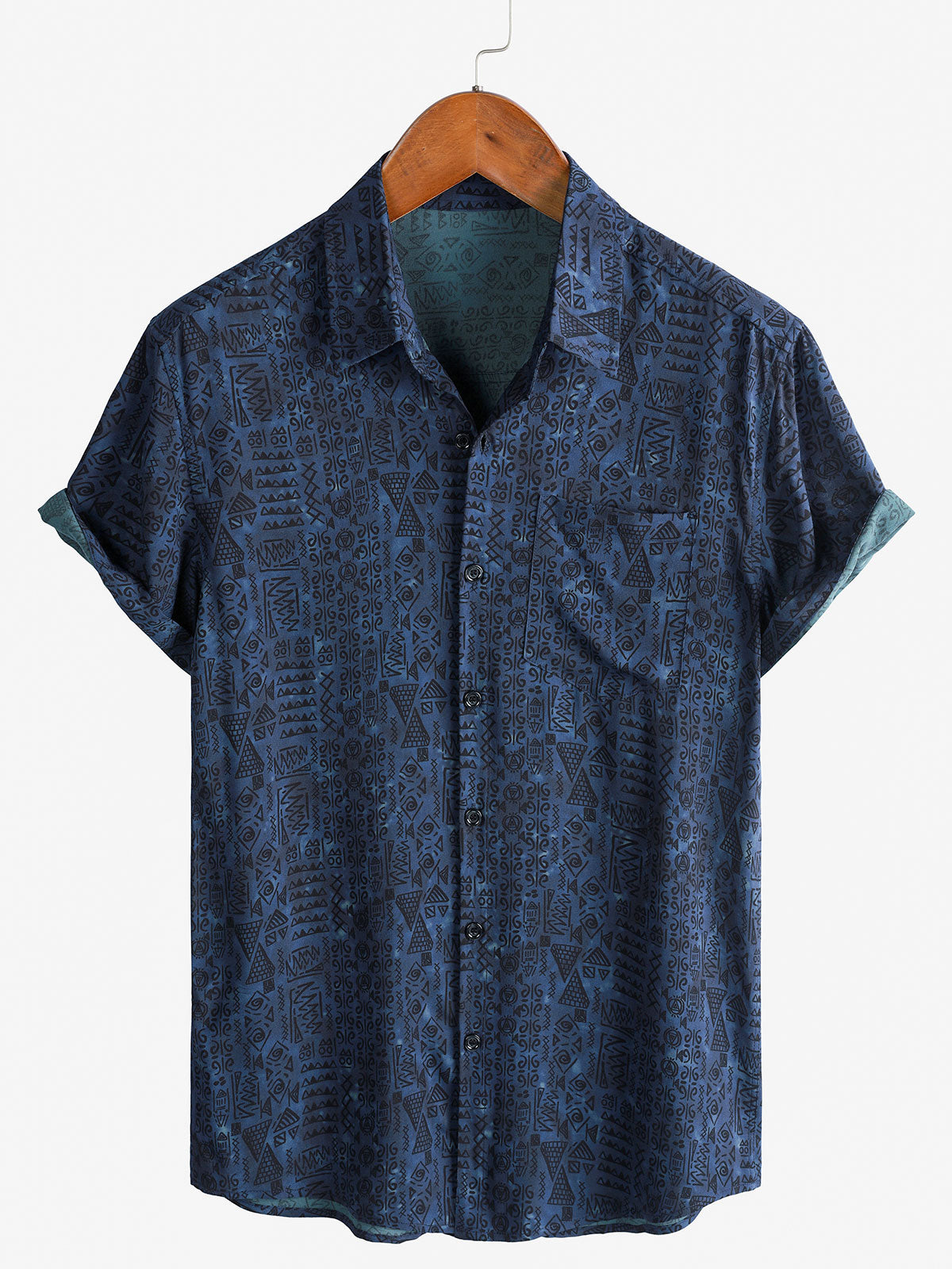 Short-Sleeve Tribal Geometric Navy Print Shirt