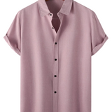 Men's Casual Silk Cotton Shirt in Solid Color with Buttons and Short Sleeve, Breathable