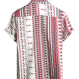 White and Red Striped Cotton Short Sleeve Beach Shirt for Men