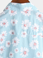 Men's Summer Shirt with Short Sleeves in Hawaiian Style in Blue with Daisy Flowers