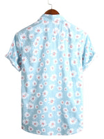 Men's Summer Shirt with Short Sleeves in Hawaiian Style in Blue with Daisy Flowers