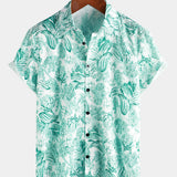 Hawaiian Short-Sleeve Button-Up 100% Green Floral Print Shirts