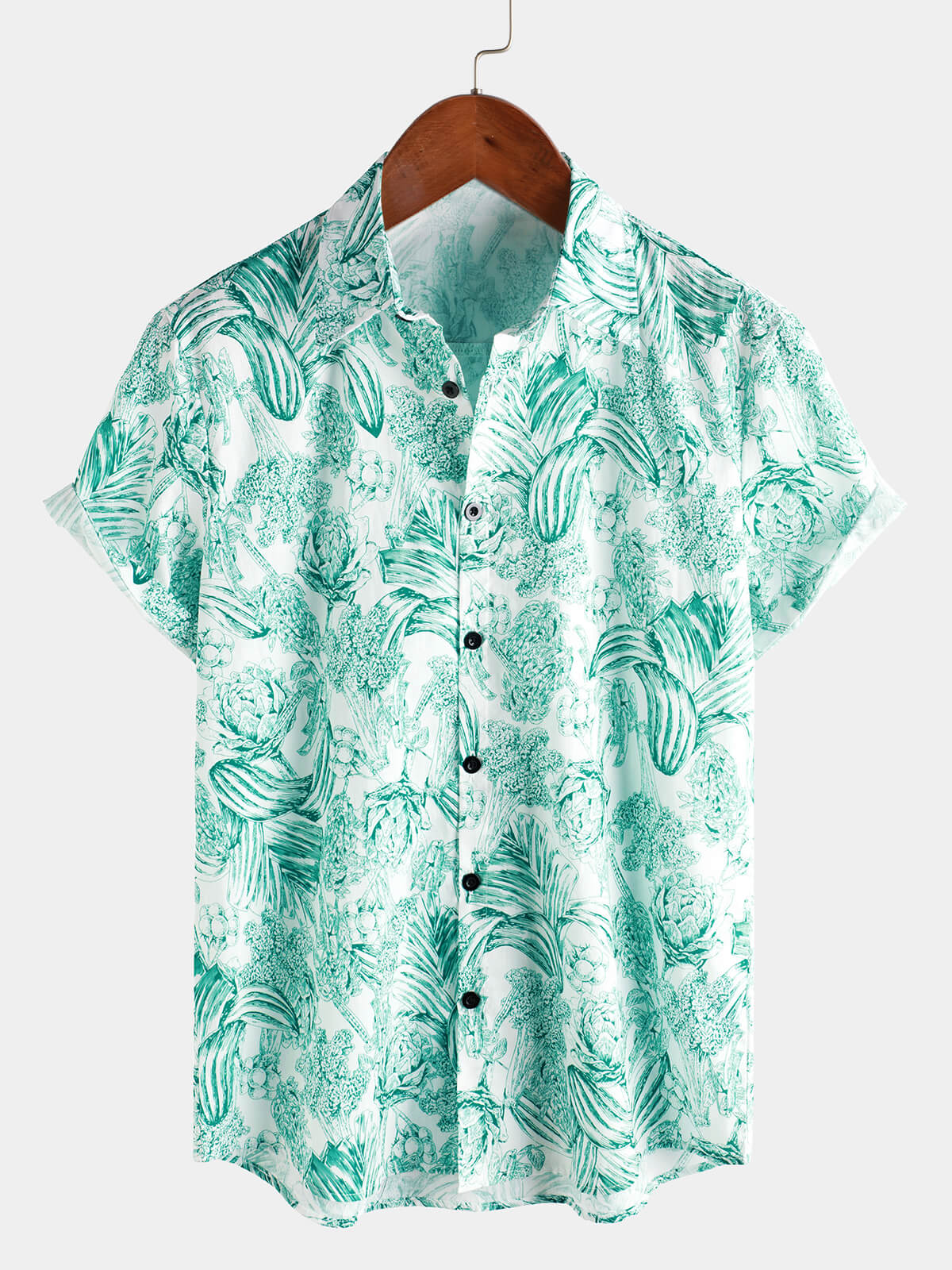 Hawaiian Short-Sleeve Button-Up 100% Green Floral Print Shirts