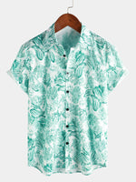 Hawaiian Short-Sleeve Button-Up 100% Green Floral Print Shirts