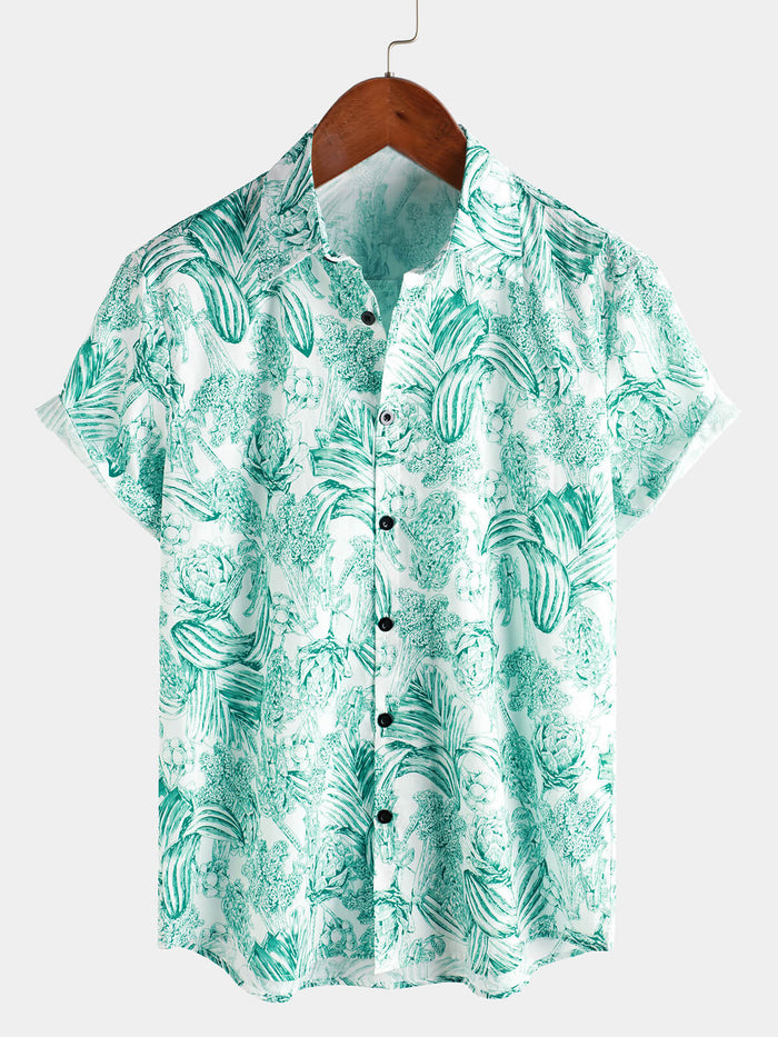 Hawaiian Short-Sleeve Button-Up 100% Green Floral Print Shirts