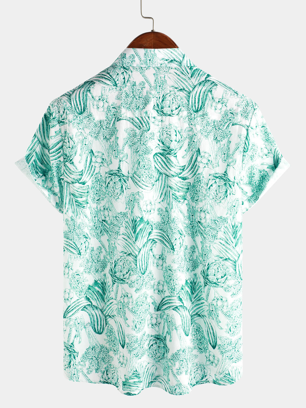 Hawaiian Short-Sleeve Button-Up 100% Green Floral Print Shirts