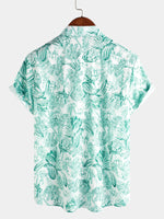 Hawaiian Short-Sleeve Button-Up 100% Green Floral Print Shirts