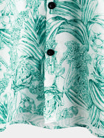 Hawaiian Short-Sleeve Button-Up 100% Green Floral Print Shirts