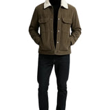 Men's Velvet Jacket with Sherpa Collar and Snaps - Coffee Brown