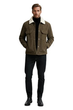 Men's Velvet Jacket with Sherpa Collar and Snaps - Coffee Brown