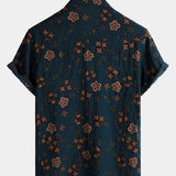 Men's Summer Cotton Short-Sleeve Shirt with Buttons, Floral, Navy