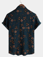 Men's Summer Cotton Short-Sleeve Shirt with Buttons, Floral, Navy