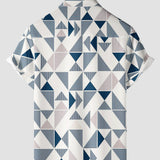 Button-Up Summer Beach Short Sleeve Shirt with Blue and White Geometric Triangle Print