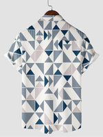 Button-Up Summer Beach Short Sleeve Shirt with Blue and White Geometric Triangle Print