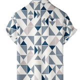 Men's Casual Cotton Shirt with Geometric Blue and White Triangle Print Short Sleeve for Summer