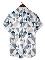 Men's Casual Cotton Shirt with Geometric Blue and White Triangle Print Short Sleeve for Summer