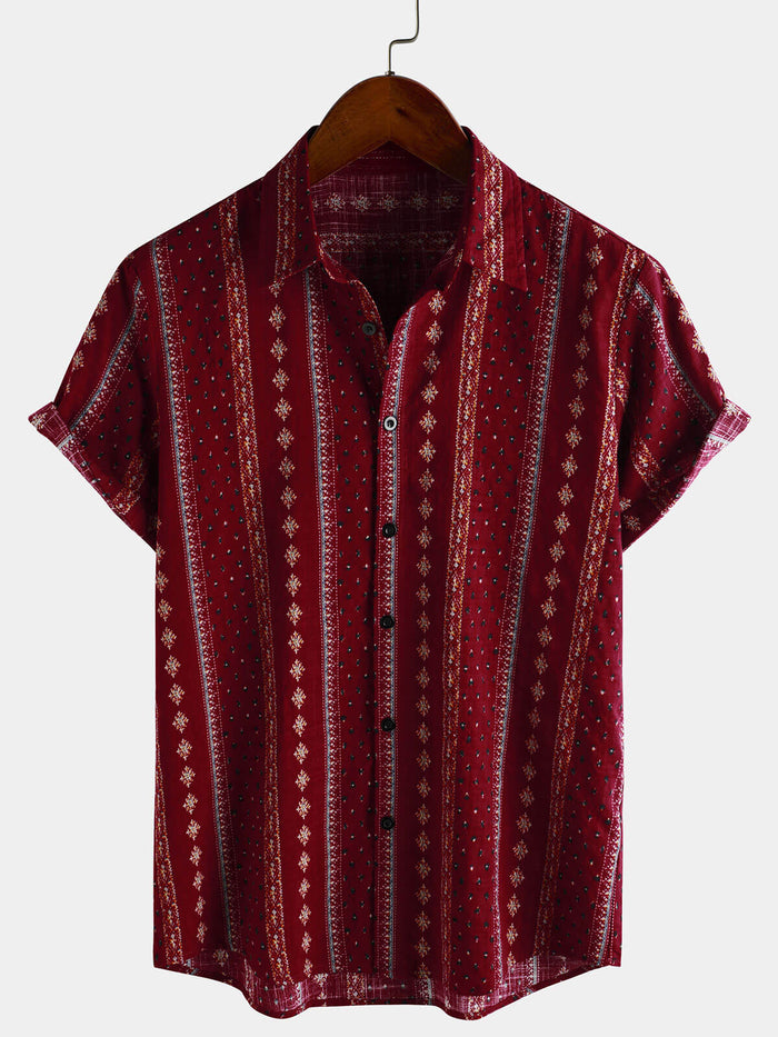 Vintage 70s Retro Red Striped Short Sleeve Button-Up Shirt