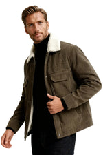 Men's Velvet Jacket with Sherpa Collar and Snaps - Coffee Brown
