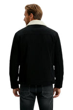 Men's Velvet Jacket with Sherpa Collar and Snaps - Black