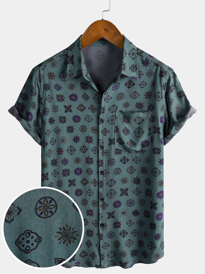 Vintage Resort Short Sleeve Lightweight Breathable Geometric Print Shirt
